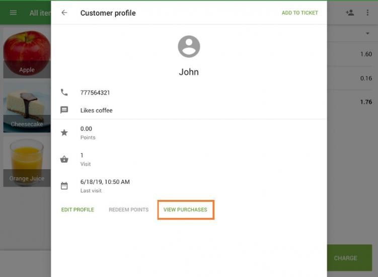 button “view purchases” on the customer profile