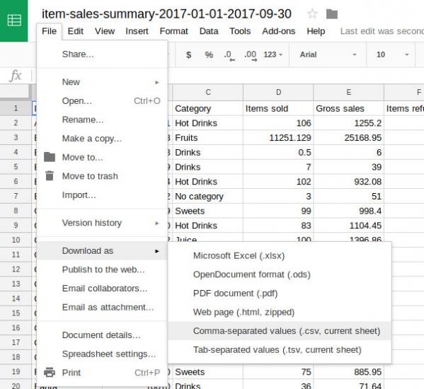 saving the spreadsheet in the CSV format 