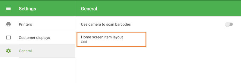 ‘Home screen item layout’ POS settings