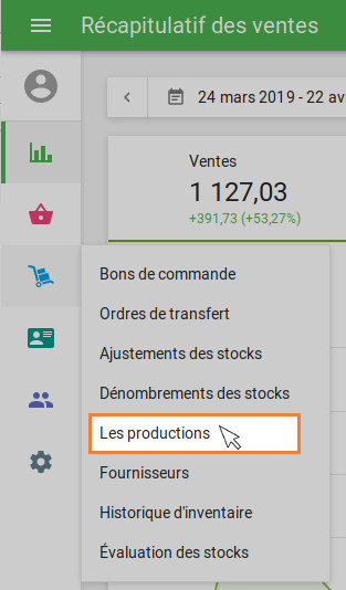 section "Production" du menu "Gestion des stocks"