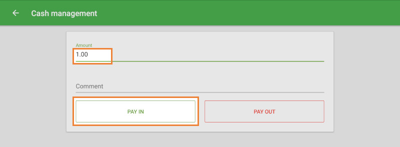 Amount field and ‘Pay In’ button