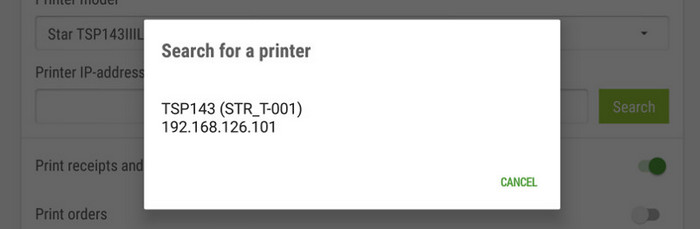 search result with the printer model and its IP address