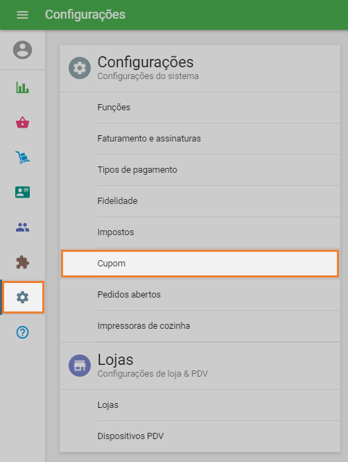 menu 'Configurações'
