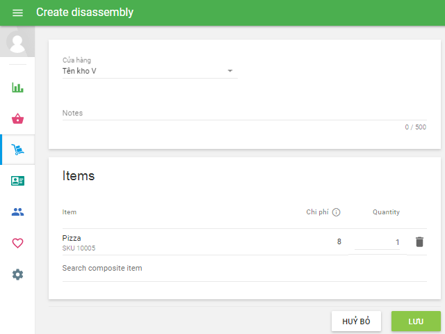 the ‘Create disassembly’ form 
