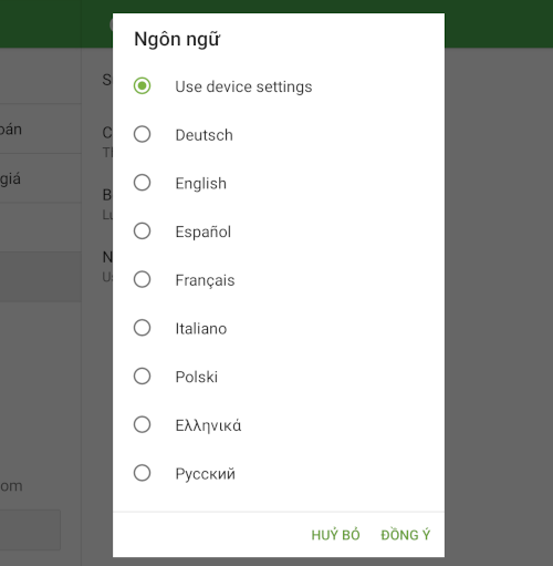 Chọn ngôn ngữ mong muốn từ danh sách