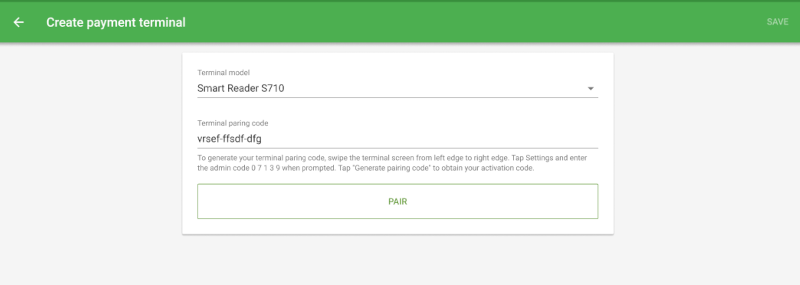 pairing code in the Create Payment Terminal form