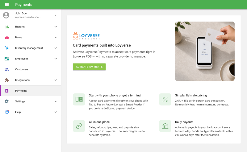 Payments menu