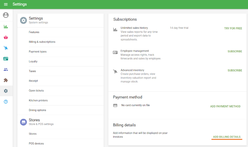 Add billing details button