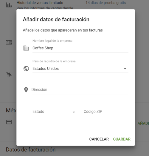 Añadir datos de facturación
