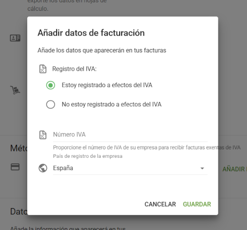 Añadir datos de facturación