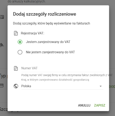 numer VAT Dane rozliczeniowe