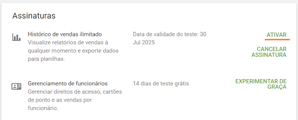 Clique em "Ativar" para o serviço desejado