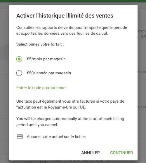 Choisissez votre plan tarifaire dans la fenêtre contextuelle