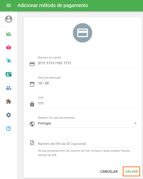 dados do cartão
