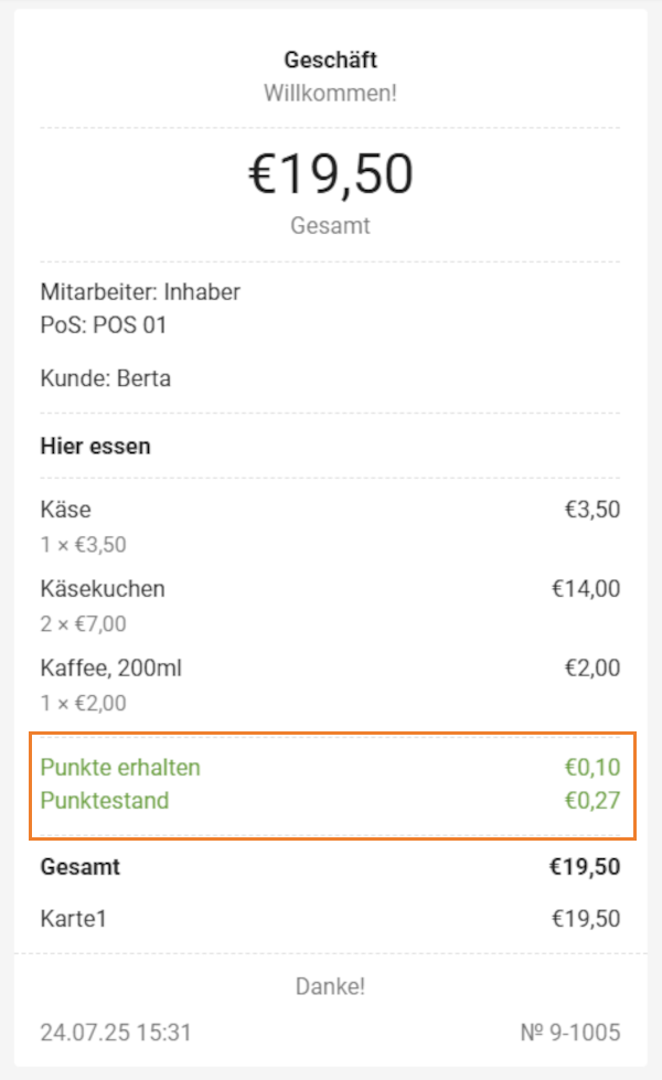 Der jeweilige Stand der gesammelten Punkte wird den Kunden auf den ausgedruckten bzw. gemailten Kaufbelegen angezeigt.