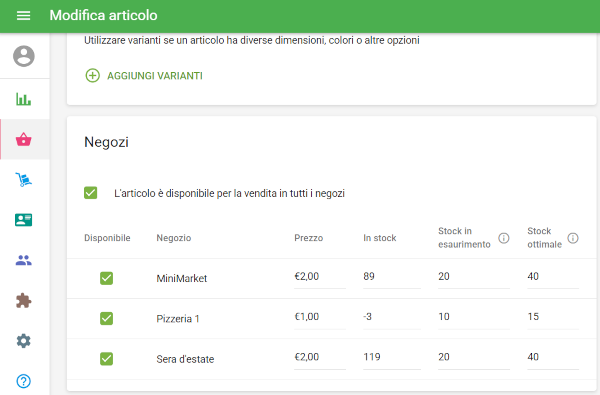 campi Disponibile e Scorte in esaurimento