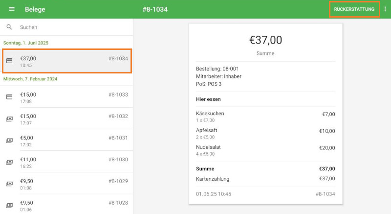 Tippen Sie auf den Beleg, um die Details anzuzeigen