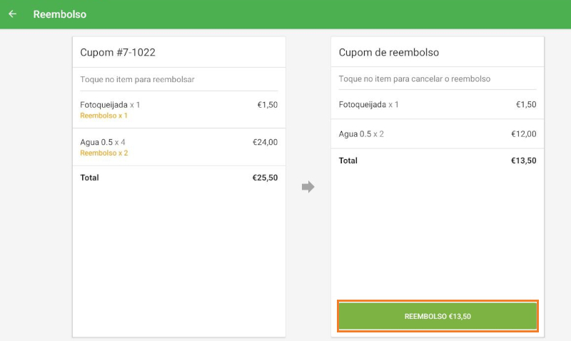 toque em "Reembolso" na parte inferior