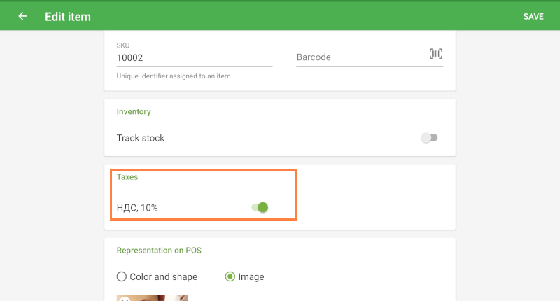 enable or disable a tax in the item card