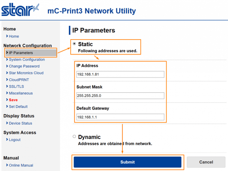 その後、「IP Parameters」をクリックし、「Static」を選択してください