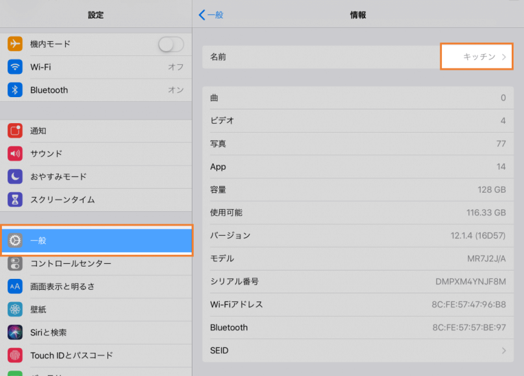 iPad のデバイス名を設定する  ディスプレイ