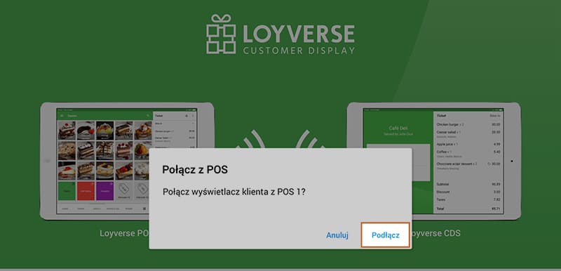 Na tablecie Loyverse CDS pojawi się zaproszenie do łączenia CDS z POS. Dotknij „Podłącz”, aby potwierdzić podłączenie.