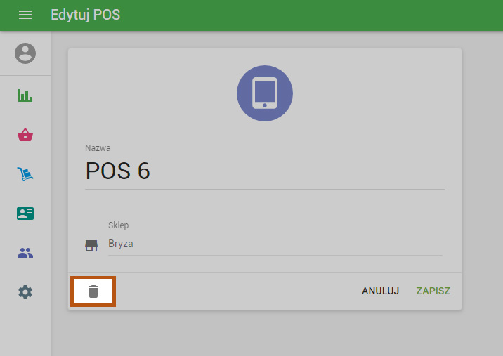 Aby usunąć POS, znajdź go na liście „Urządzenia POS”, otwórz go do edycji i kliknij na ikonkę kosza