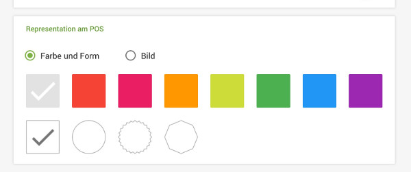 Sie können eine Farbe und Form für das Artikelsymbol auswählen oder ein Bild aufnehmen/hochladen, um es auf dem Verkaufsbildschirm anzuzeigen.
