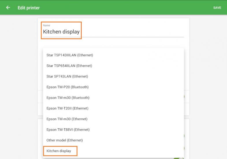 selecting Kitchen Display from the drop down menu