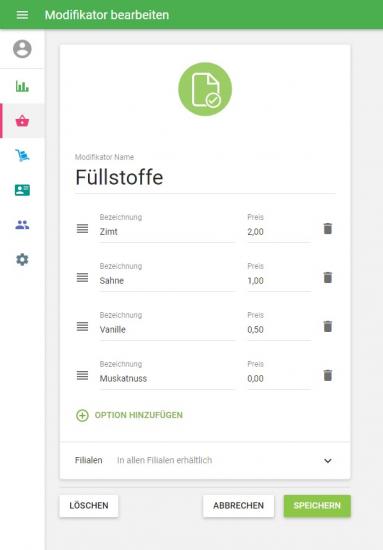 Geben Sie im Formular "Modifikator erstellen" den Namen des Modifikators ein. Füllen Sie dann die Felder "Optionsname" und "Preis" aus.