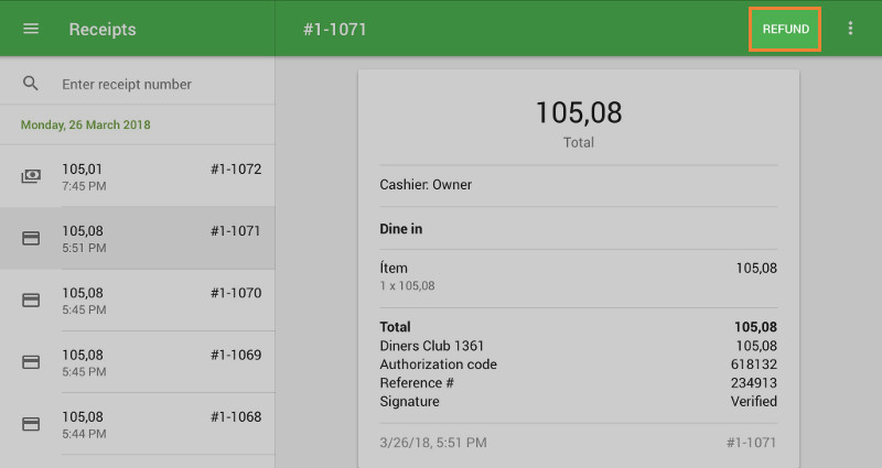 ‘Refund’ button in the Reciepts menu