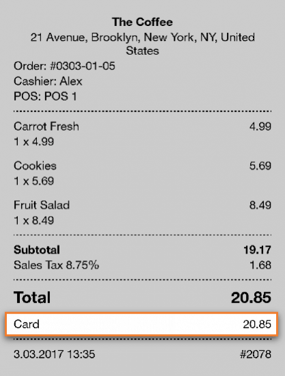  the receipt with information about payment and card type  CREDIT CARD