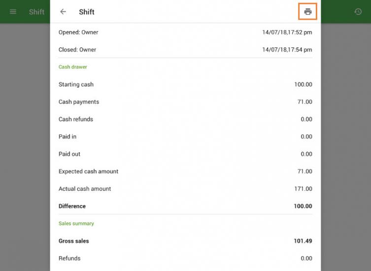 shift details with Print button