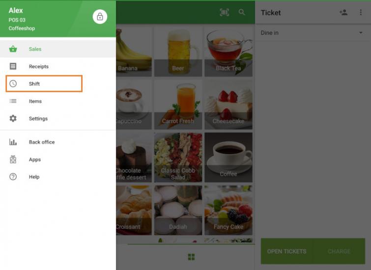 Shift menue at the POS