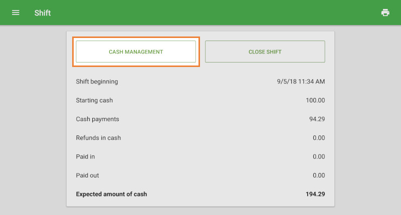 ‘Cash management’ button at the ‘Shift’ menu