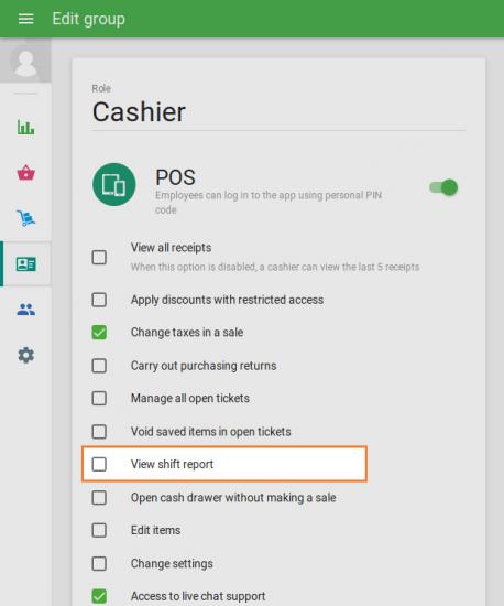 ‘View shift report’ option at the access rights