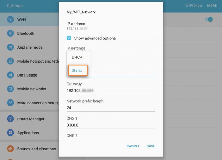 WiFi Settings on Android tablet