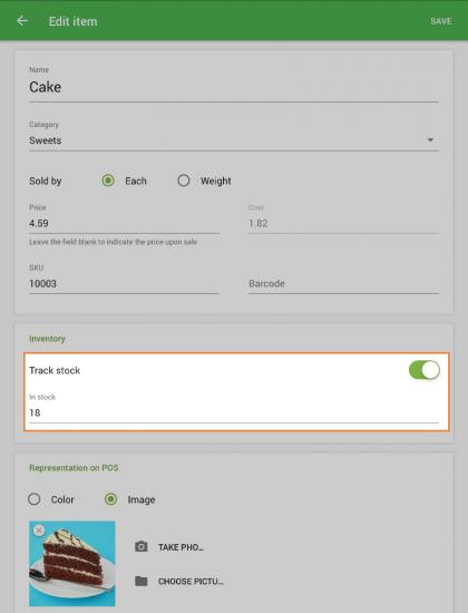 Track stock’ option in the Inventory section