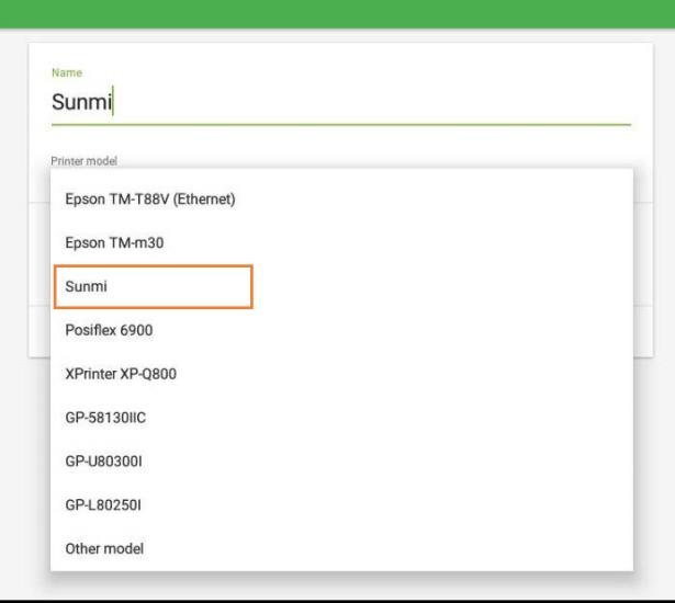 SUNMI printers at the drop-down menu of printers models