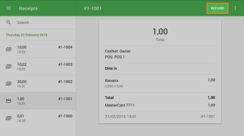 ‘Refund’ button in the receipts list