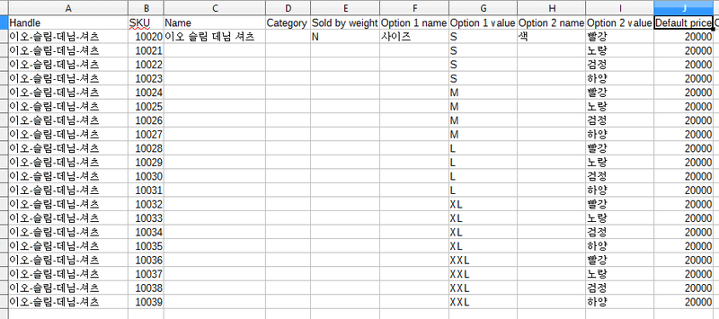 items with variants opened as CSV file
