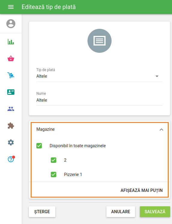 tip de plată pentru fiecare magazin
