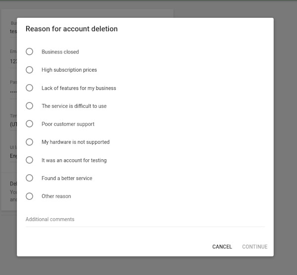 deleting account questionnaire