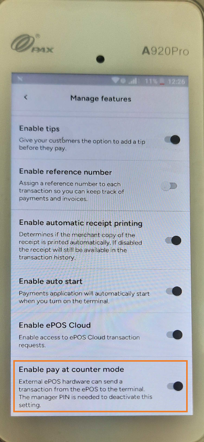 toggle Enable pay at counter mode