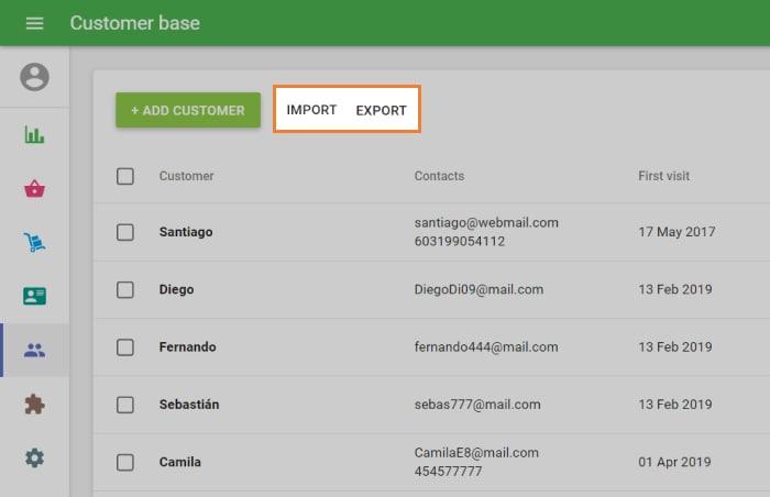 Import and Export buttons at the top of the customers’ list
