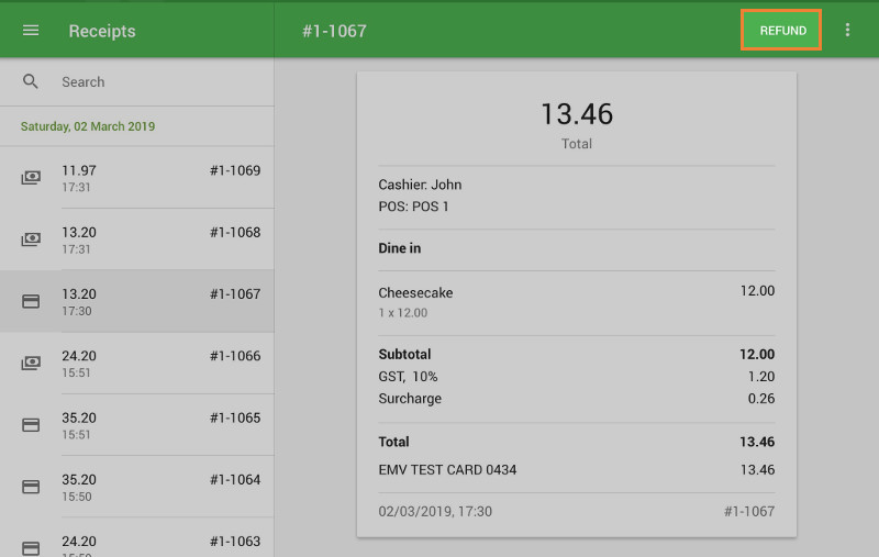 Refund button at Receipts