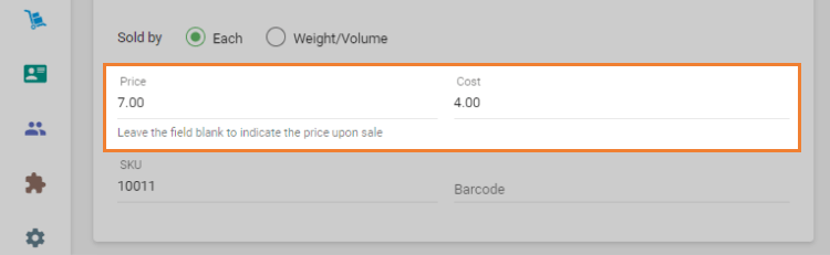 Fill in the ‘Price’ and 'Cost' fields