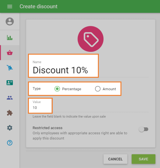 Fill in discounts' information