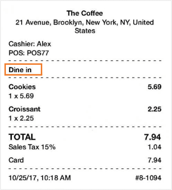 Dining options on the printed receipt