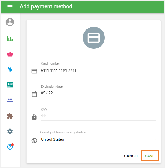 card information in the add payment form